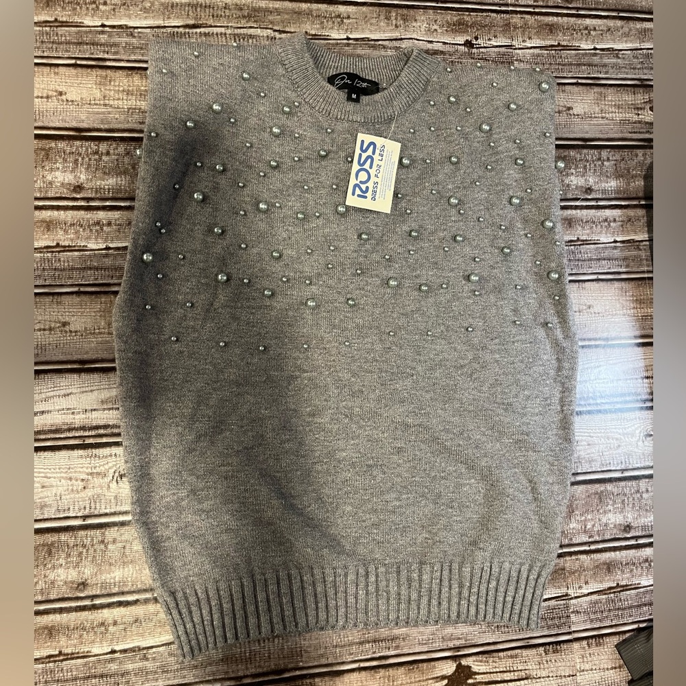 Women’s Gray Sleeveless Sweater with Pearl Embellishments